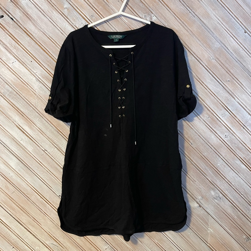 Ralph Lauren black long T shirt cuffed sleeves deep V neck cross cross strings